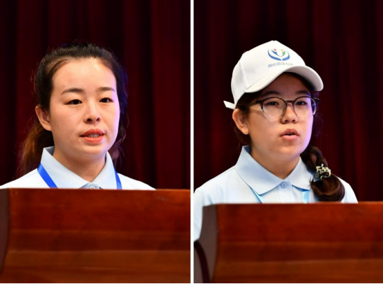 新疆生产建设兵团第六师五家渠市研学教师代表王红梅（左）和研学学生代表爱迪达尔·斯兰木汗发言